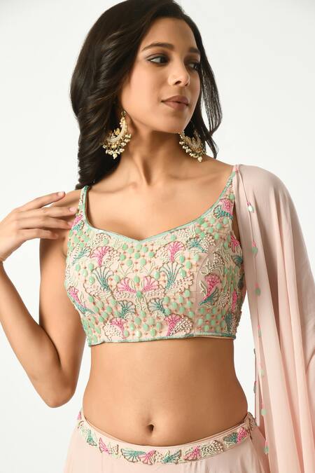 Shop_Salt And Spring_Pink Crepe, Polyester, Chiffon, Ombre Lehenga And Hand Embellished Blouse Set _Online_at_Aza_Fashions