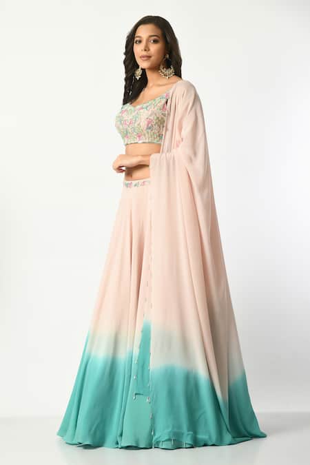 Salt And Spring_Pink Crepe, Polyester, Chiffon, Ombre Lehenga And Hand Embellished Blouse Set _at_Aza_Fashions