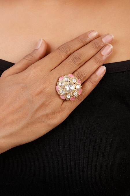 Sica Jewellery Pink Metallic Thread, Diamonds Polki Studded Floral Ring