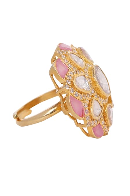 Buy_Sica Jewellery_Pink Metallic Thread, Diamonds Polki Studded Floral Ring _Online_at_Aza_Fashions