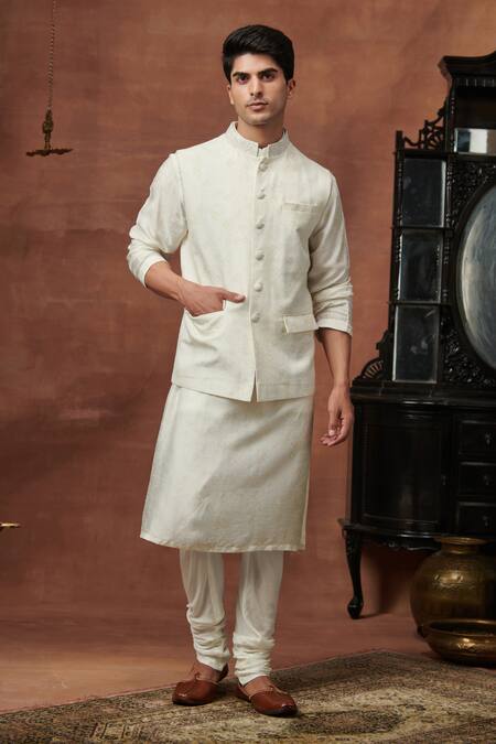 Saundh_Ivory Silk Textured Bundi_Online_at_Aza_Fashions