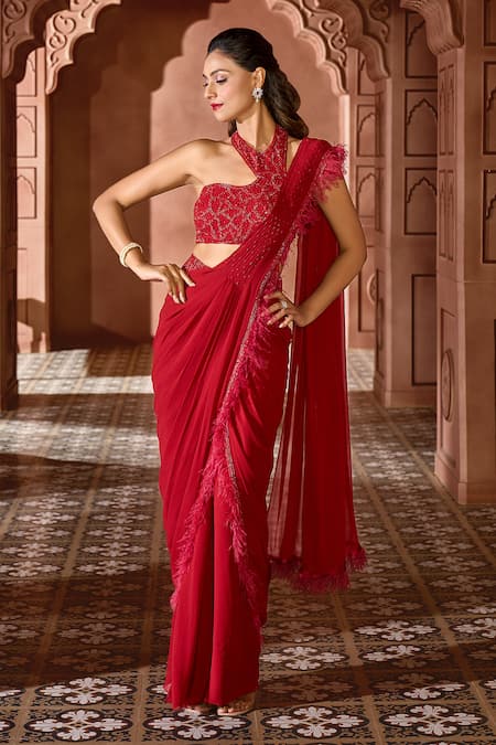 Aariyana Couture Red Viscose Georgette Feather Border Pre-draped Saree With Blouse 