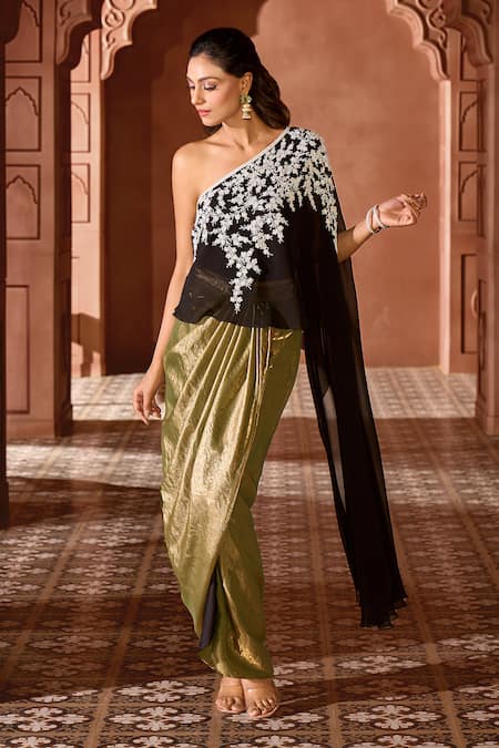 Aariyana Couture Black Top Viscose Georgette Hand Embroidered And Draped Skirt Set 