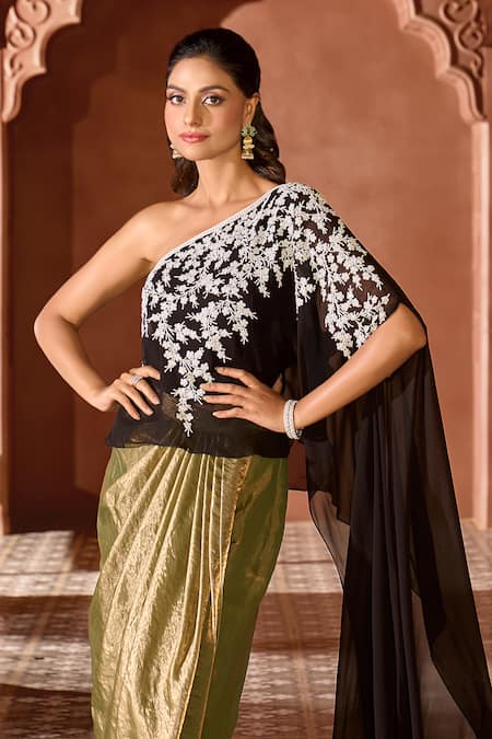 Aariyana Couture Black Viscose, Tissue Pearls One Shoulder Embroidered Top And Draped Skirt Set at Aza Fashions Aariyana Couture_Black Viscose, Tissue Pearls One Shoulder Embroidered Top And Draped Skirt Set_at_Aza_Fashions