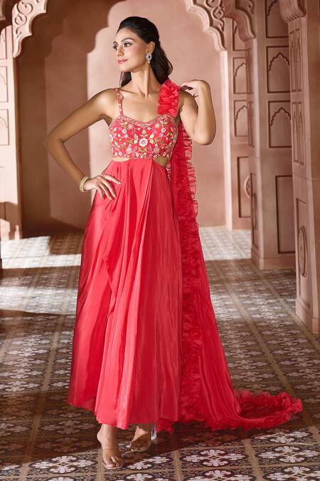 Buy Aariyana Couture Coral Viscose, Crepe Embroidery Sweetheart Neck Ruffle Draped Gown Buy_Aariyana Couture_Coral Viscose, Crepe Embroidery Sweetheart Neck Ruffle Draped Gown