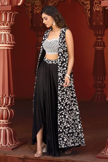 Shop_Aariyana Couture_Black Modal, Bamboo Pearls Floral Jaal Embroidered Jacket And Draped Skirt Set_Online_at_Aza_Fashions