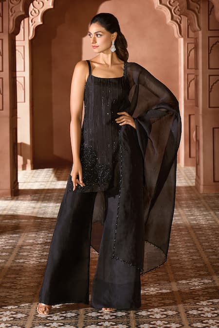 Aariyana Couture Black Silk Organza Embroidered Floral U Applique Kurta Sharara Set 