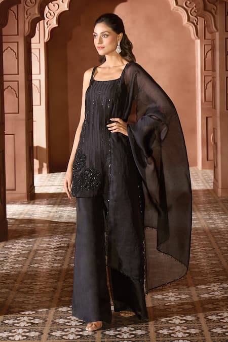 Shop Aariyana Couture Black Silk Organza Embroidery Round Neck Floral Applique Kurta Sharara Set Online at Aza Fashions Shop_Aariyana Couture_Black Silk Organza Embroidery Round Neck Floral Applique Kurta Sharara Set _Online_at_Aza_Fashions