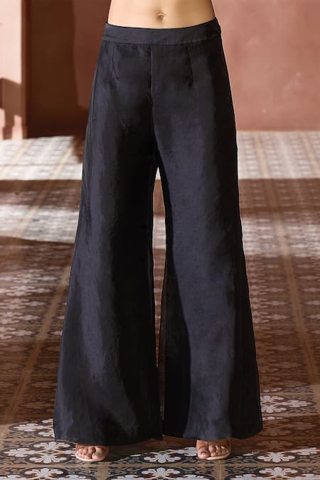 Shop Aariyana Couture Black Silk Organza Embroidery Round Neck Floral Applique Kurta Sharara Set Shop_Aariyana Couture_Black Silk Organza Embroidery Round Neck Floral Applique Kurta Sharara Set