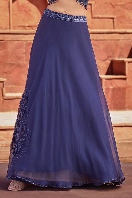 Aariyana Couture_Blue Viscose, Organza Sequins, Beads, Cut Off Embroidered Blouse And Skirt Set_Online_at_Aza_Fashions
