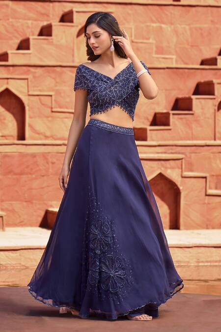 Shop_Aariyana Couture_Blue Viscose, Organza Sequins, Beads, Cut Off Embroidered Blouse And Skirt Set_Online_at_Aza_Fashions