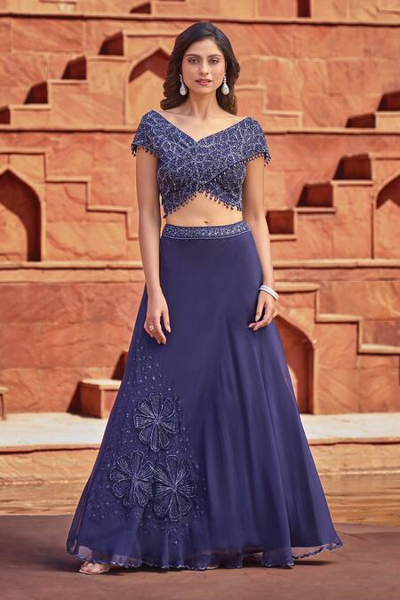 Buy_Aariyana Couture_Blue Viscose, Organza Sequins, Beads, Cut Off Embroidered Blouse And Skirt Set