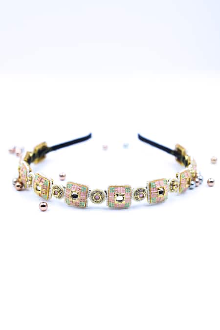 Foot Fuel_Multi Color Crystals, Beads Geometric Brooch Hairband _Online_at_Aza_Fashions