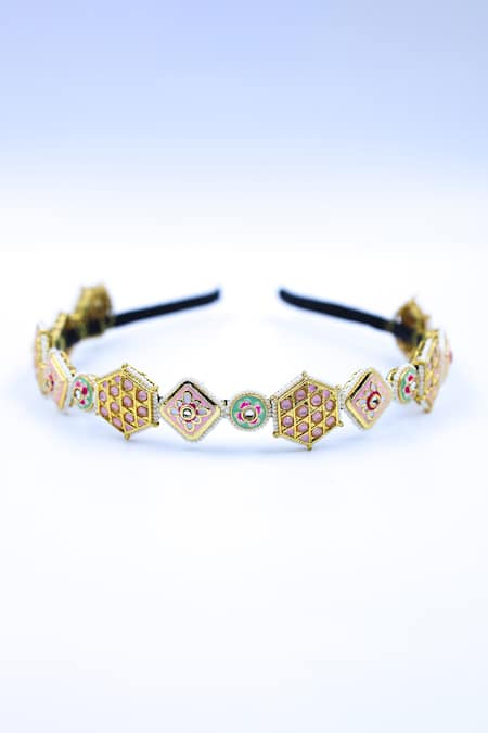 Shop Foot Fuel Multi Color Crystals, Beads Flower Geometric Embellished Hairband Online at Aza Fashions Shop_Foot Fuel_Multi Color Crystals, Beads Flower Geometric Embellished Hairband _Online_at_Aza_Fashions