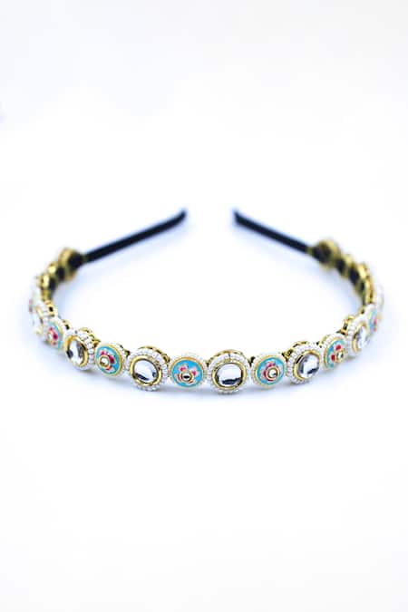 Shop Foot Fuel Gold Crystals, Beads Floral Circular Ornamented Hairband at Aza Fashions Shop_Foot Fuel_Gold Crystals, Beads Floral Circular Ornamented Hairband _at_Aza_Fashions