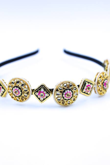 Foot Fuel_Gold Crystals, Beads Floral Bloom Embellished Hairband _Online_at_Aza_Fashions