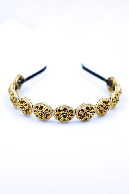 Shop Foot Fuel Gold Crystals, Beads Floral Embellished Hairband at Aza Fashions Shop_Foot Fuel_Gold Crystals, Beads Floral Embellished Hairband _at_Aza_Fashions