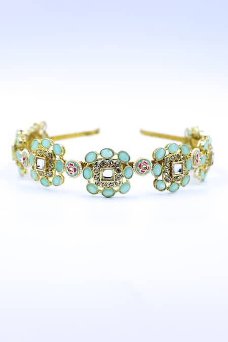 Foot Fuel_Blue Crystals, Beads Flower Cutwork Embellished Hairband _Online_at_Aza_Fashions