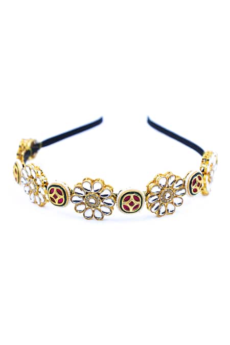 Shop Foot Fuel Gold Crystals, Beads Flower Bloom Cutwork Embellished Hairband at Aza Fashions Shop_Foot Fuel_Gold Crystals, Beads Flower Bloom Cutwork Embellished Hairband _at_Aza_Fashions