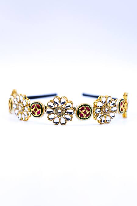 Foot Fuel Gold Crystals, Beads Flower Bloom Cutwork Embellished Hairband Online at Aza Fashions Foot Fuel_Gold Crystals, Beads Flower Bloom Cutwork Embellished Hairband _Online_at_Aza_Fashions