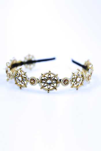 Buy_Foot Fuel_Gold Beads, Crystals Flower Shaped Brooch Hairband _Online_at_Aza_Fashions
