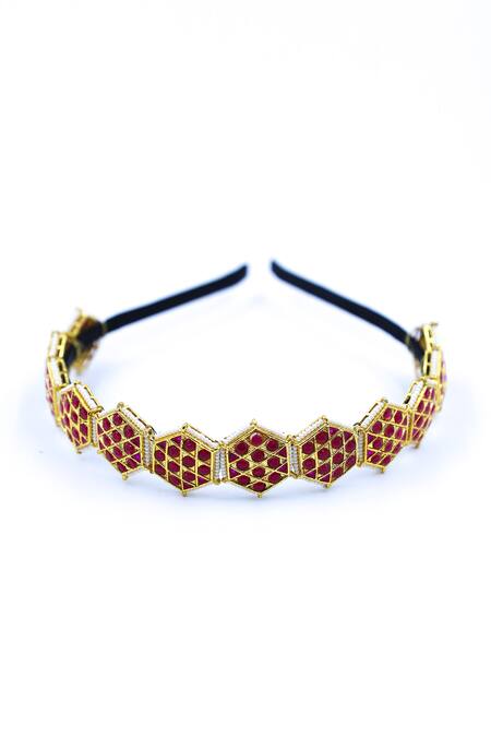 Foot Fuel_Gold Beads, Crystals Hexagon Shaped Hairband _Online_at_Aza_Fashions