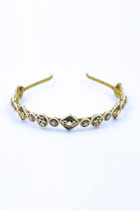 Shop_Foot Fuel_Gold Crystal Floral Carved Hairband _at_Aza_Fashions