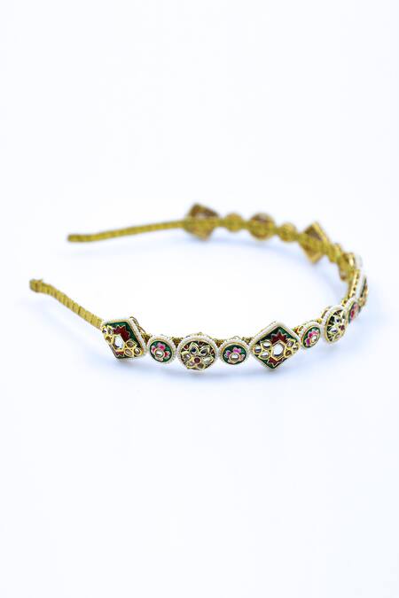 Buy_Foot Fuel_Gold Crystal Floral Carved Hairband _Online_at_Aza_Fashions