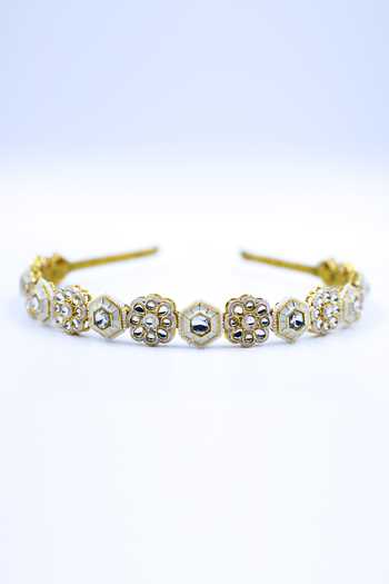 Shop Foot Fuel Gold Beads, Crystals Floral And Geometric Carved Brooch Hairband at Aza Fashions Shop_Foot Fuel_Gold Beads, Crystals Floral And Geometric Carved Brooch Hairband _at_Aza_Fashions