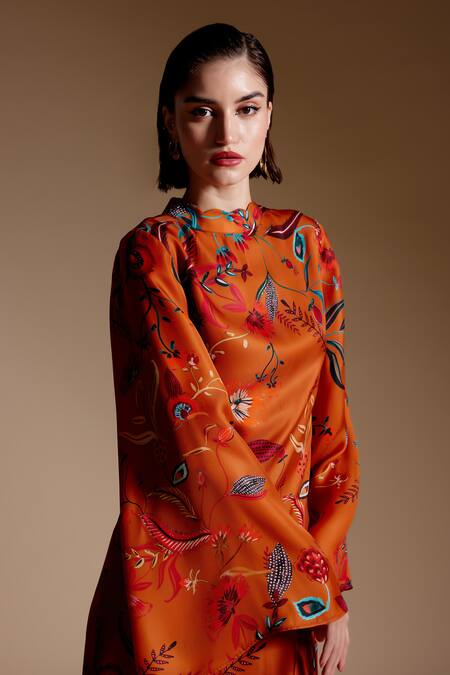 Buy_NOIB_Orange Bamboo Fringe High Neck Hazel Foliage Botanical Print Dress_Online_at_Aza_Fashions