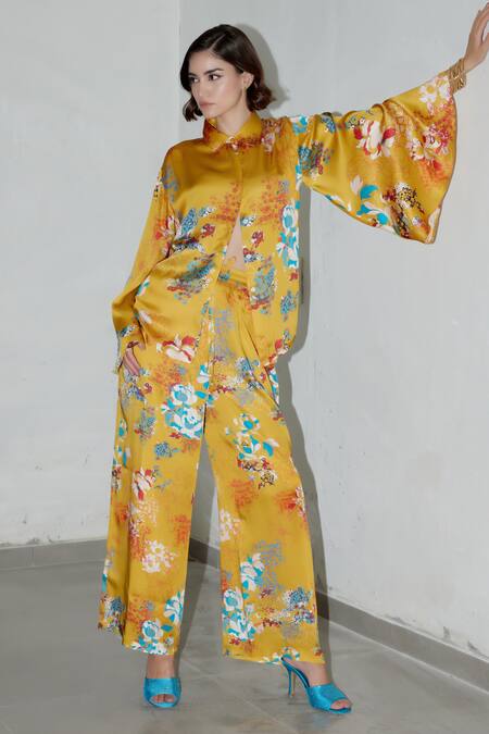 Buy NOIB Yellow Modal, Satin Collared Leah Garden Print Shirt And Pant Set at Aza Fashions Buy_NOIB_Yellow Modal, Satin Collared Leah Garden Print Shirt And Pant Set_at_Aza_Fashions