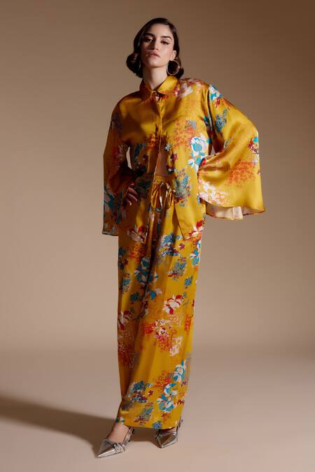 NOIB Yellow Modal, Satin Collared Leah Garden Print Shirt And Pant Set Online at Aza Fashions NOIB_Yellow Modal, Satin Collared Leah Garden Print Shirt And Pant Set_Online_at_Aza_Fashions