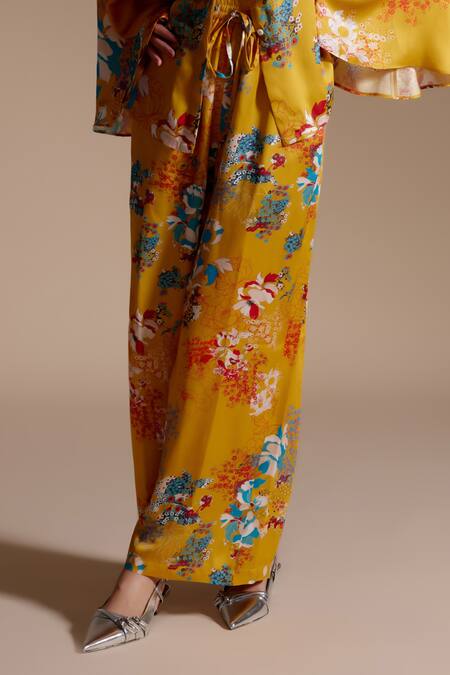 Buy NOIB Yellow Modal, Satin Collared Leah Garden Print Shirt And Pant Set Online at Aza Fashions Buy_NOIB_Yellow Modal, Satin Collared Leah Garden Print Shirt And Pant Set_Online_at_Aza_Fashions