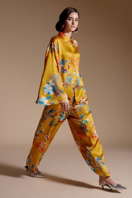 Shop NOIB Yellow Modal, Satin Collared Leah Garden Print Shirt And Pant Set Online at Aza Fashions Shop_NOIB_Yellow Modal, Satin Collared Leah Garden Print Shirt And Pant Set_Online_at_Aza_Fashions