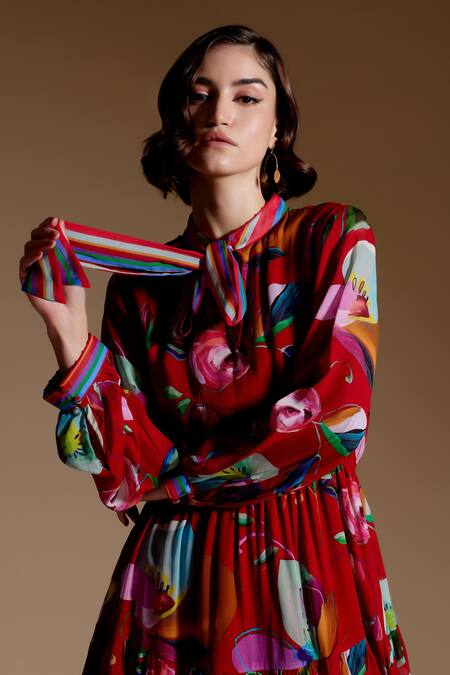 Buy_NOIB_Red Georgette, Lurex Collared Lola Iris Floral Print Dress_Online_at_Aza_Fashions