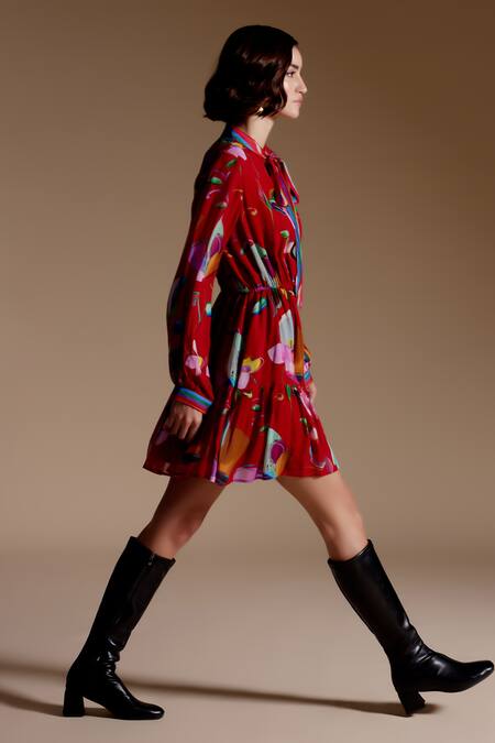 NOIB_Red Georgette, Lurex Collared Lola Iris Floral Print Dress_at_Aza_Fashions