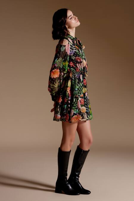 NOIB_Multi Color Georgette, Lurex Collared Lola Prairee Floral Print Dress_Online_at_Aza_Fashions
