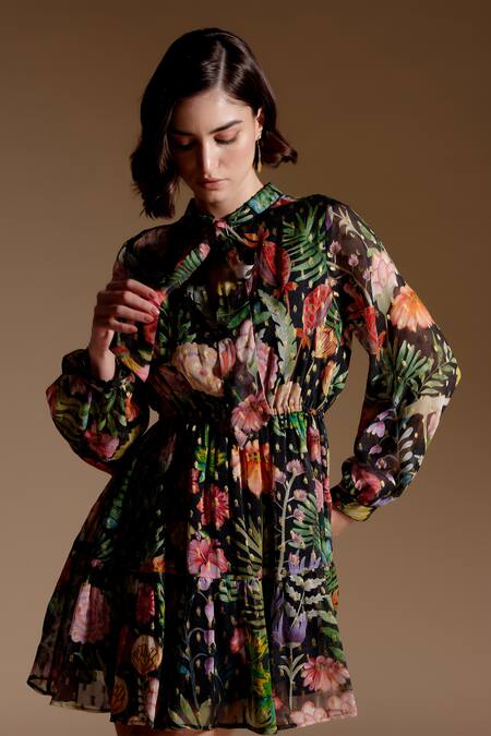Buy_NOIB_Multi Color Georgette, Lurex Collared Lola Prairee Floral Print Dress_Online_at_Aza_Fashions