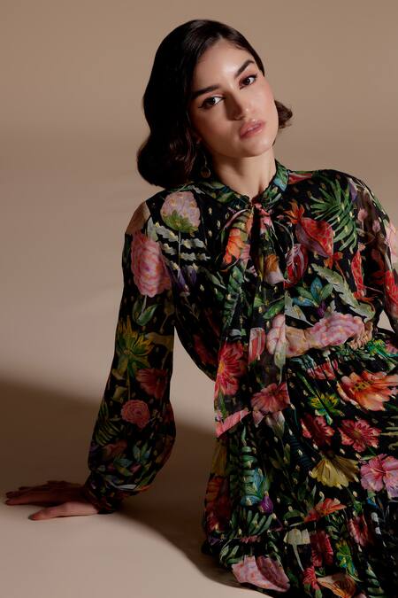 Buy_NOIB_Multi Color Georgette, Lurex Collared Lola Prairee Floral Print Dress