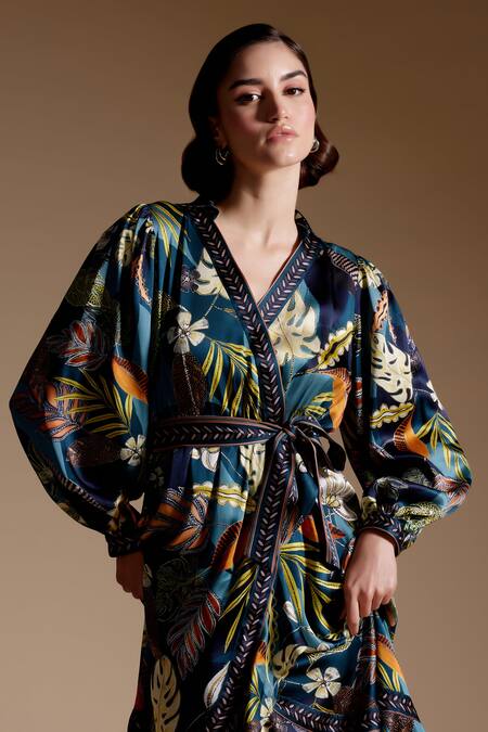 Buy_NOIB_Multi Color Modal, Satin V-neck Luna Fern Print Dress_Online_at_Aza_Fashions