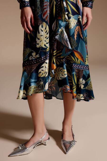 Shop_NOIB_Multi Color Modal, Satin V-neck Luna Fern Print Dress_Online_at_Aza_Fashions