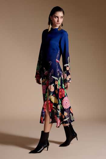 NOIB_Blue Viscose, Crepe Embroidery High Neck Mila Prairee Floral Border Print Dress_Online_at_Aza_Fashions