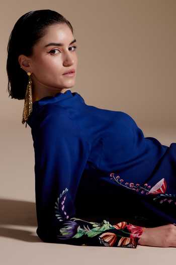 Buy_NOIB_Blue Viscose, Crepe Embroidery High Neck Mila Prairee Floral Border Print Dress_Online_at_Aza_Fashions
