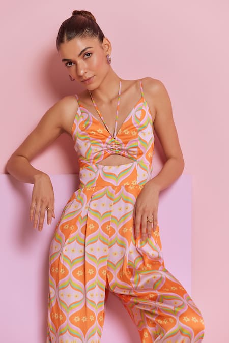 NOIB Multi Color Modal, Satin Sweetheart Neck Chloe Hourglass Print Jumpsuit Online at Aza Fashions NOIB_Multi Color Modal, Satin Sweetheart Neck Chloe Hourglass Print Jumpsuit _Online_at_Aza_Fashions