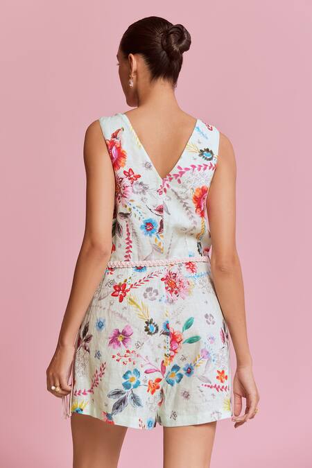 Shop NOIB Green Linen V-neck Eleni Climbing Flower Print Playsuit With Belt at Aza Fashions Shop_NOIB_Green Linen V-neck Eleni Climbing Flower Print Playsuit With Belt_at_Aza_Fashions