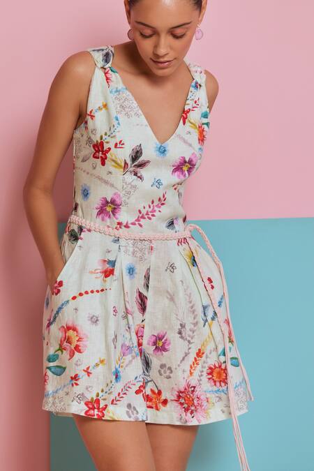 NOIB Green Linen V-neck Eleni Climbing Flower Print Playsuit With Belt Online at Aza Fashions NOIB_Green Linen V-neck Eleni Climbing Flower Print Playsuit With Belt_Online_at_Aza_Fashions