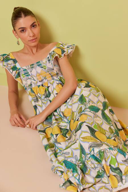 NOIB_Multi Color Cotton Square Neck Elora Lemoncello Print Dress_Online_at_Aza_Fashions