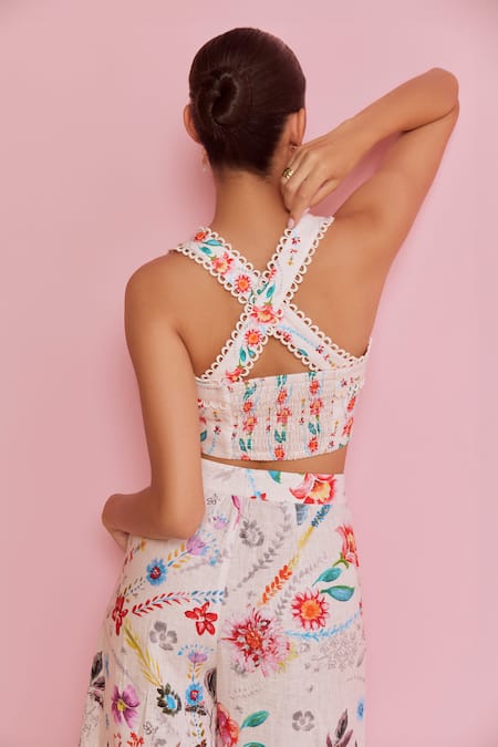 Shop_NOIB_Multi Color Linen, Lycra Sweetheart Irene Climbing Flower Print Top With Pant _at_Aza_Fashions