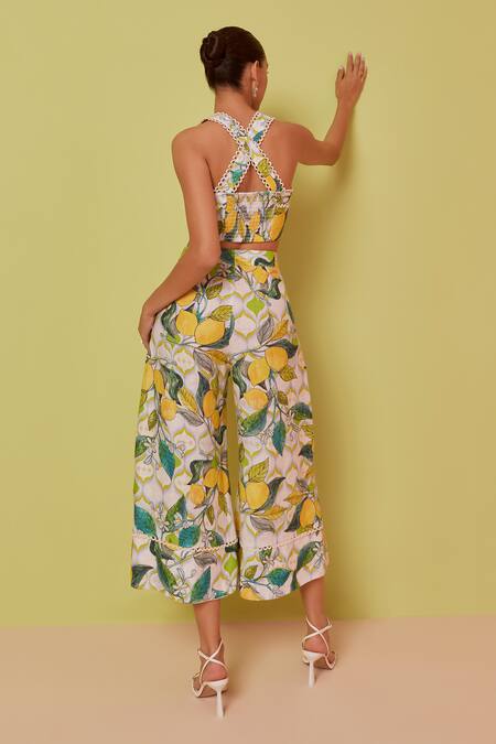 Shop NOIB Multi Color Linen, Lycra Sweetheart Neck Lemoncello Print Top And Pant Set at Aza Fashions Shop_NOIB_Multi Color Linen, Lycra Sweetheart Neck Lemoncello Print Top And Pant Set _at_Aza_Fashions