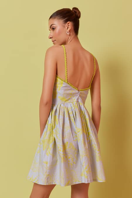 Shop_NOIB_Yellow Cotton Square Neck Lily Mini Butterfly Effect Print Dress _at_Aza_Fashions